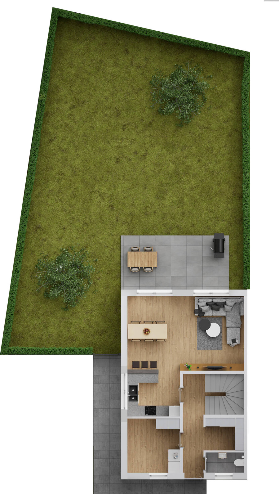 Grundriss Erdgeschoss mit Garten, Reihenhaus 3