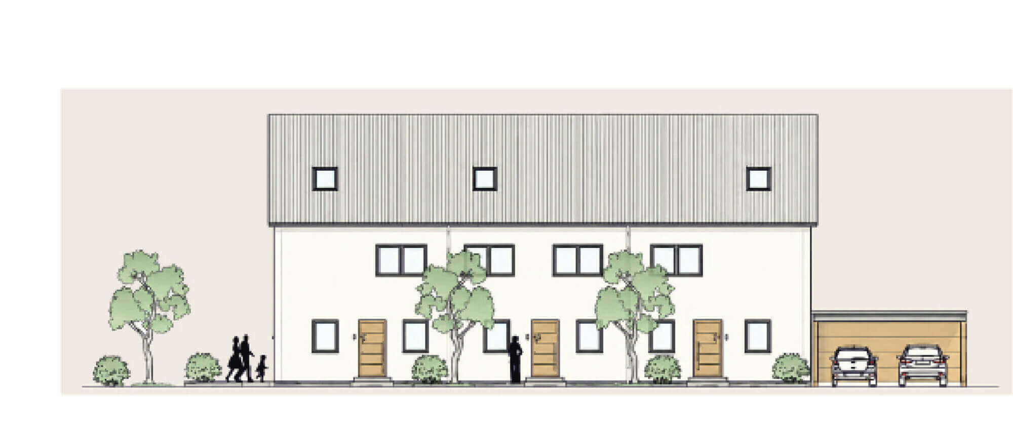 Ansicht der Hausfassade aller drei Reihenhäuser