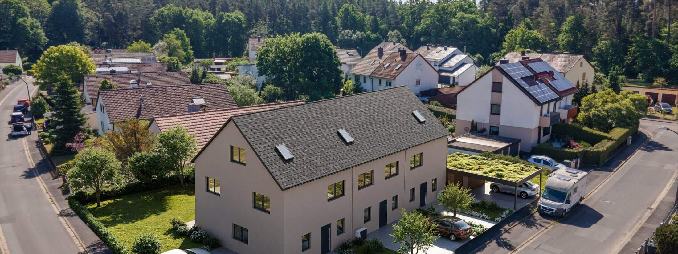 Luftbild der Reihenhäuser und der umliegenden Nachbarschaft in Neunkirchen am Sand